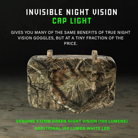 Clip On Night Vision Hat Light With AAA Power Dual LED Modes Hands Free Cap Light for camping and outdoor use in camouflage design