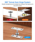 360 degree stainless steel hidden door pivot hinge system for bookshelves and cabinets, showing top, bumper bead, and bottom view.