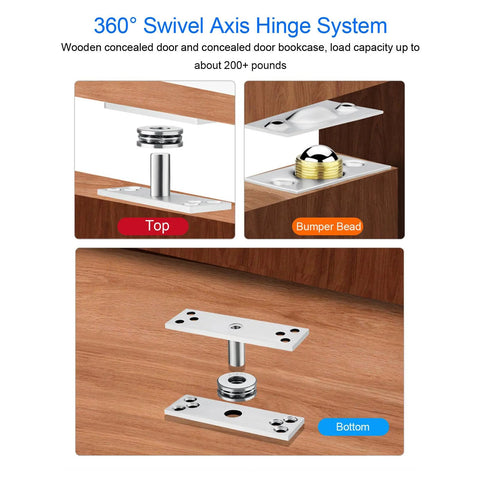 360 degree stainless steel hidden door pivot hinge system for bookshelves and cabinets, showing top, bumper bead, and bottom view.