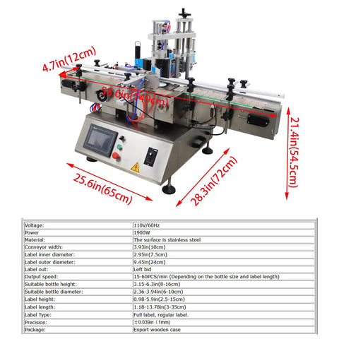 Automatic Desktop Labeling Machine Killer Speed Label Applicator for Square Round and Hexagonal Bottles with dimensions and controls