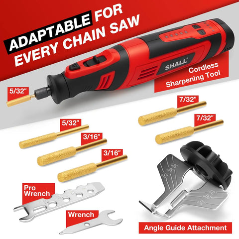 Cordless Chainsaw Sharpener Kit With 8V Motor And 2500mAh Battery Includes Six Titanium Coated Diamond Drill Bits And Angle Guide On The Go Electric Chainsaw Sharpener For Quick Onsite Chain Maintenance with accessories displayed