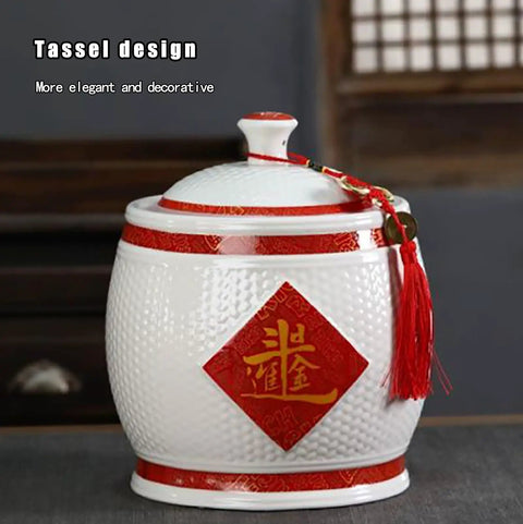 Gotta Love This Hella Spacious Ceramic Rice Crock Hits Different Chinese Style Porcelain Storage Jar 15kg with tassel design.
