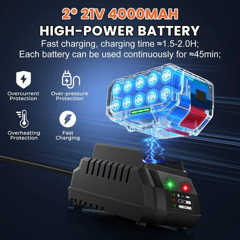 Diagram showing 21V 4000mAh high-power battery with fast charging and protection features for Three-In-One Cordless Impact Wrench, Driver And Drill Kit.