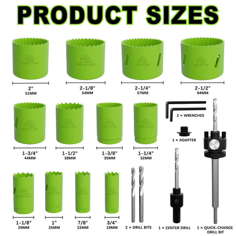 19-Piece Bi-Metal Hole Saw Kit with sizes from 3/4 inch to 2-1/2 inch and quick-change arbors for wood, metal, PVC cutting.