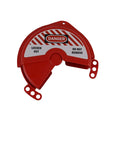 Rotating Gate Valve Lockout For 2 To 5 Inch Valve Handles ABS Safety Lockout Device showing red lockout with warning labels