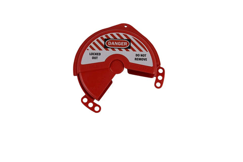 Rotating Gate Valve Lockout For 2 To 5 Inch Valve Handles ABS Safety Lockout Device showing red lockout with warning labels