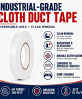 White Cloth Duct Tape Half Inch By 60 Yards No Hassle Peel Residue Free Grip Heavy Duty Rubber Adhesive on white background.