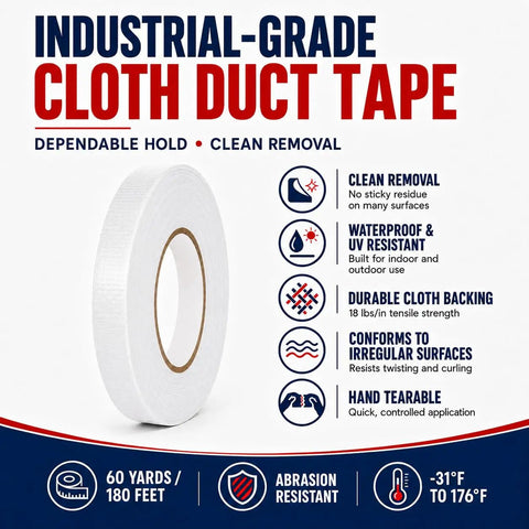 White Cloth Duct Tape Half Inch By 60 Yards No Hassle Peel Residue Free Grip Heavy Duty Rubber Adhesive on white background.