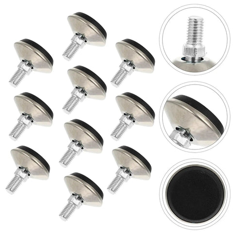 Ten Pack M8 Threaded Adjustable Swivel Leveling Feet For Tables Chairs Cabinets And More Heavy Duty Furniture, 3.3cm Diameter Durable Home Stabilizers, shown in stainless steel with black base and M8 thread detail