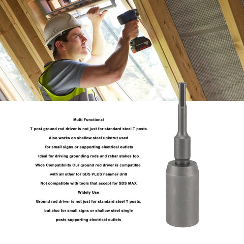 Man using Heavy-Duty Sds Plus Hammer Drill Ground Rod Driver Bit Forged Steel T Post Stake Driving Tool 65Mm for installation.