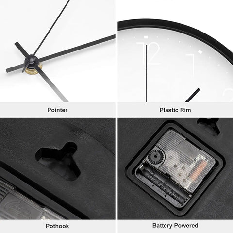 Close-up details of Dead Quiet Sweep Wall Clock With A Sweet Rural Blue Valley Warehouse Vibe Non Ticking Round Timepiece, showing battery compartment and pointers.