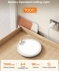 Rechargeable Motion Sensor Ceiling Light with Remote Dimmable LED Lighting for Closet, shown charging on a wooden desk.