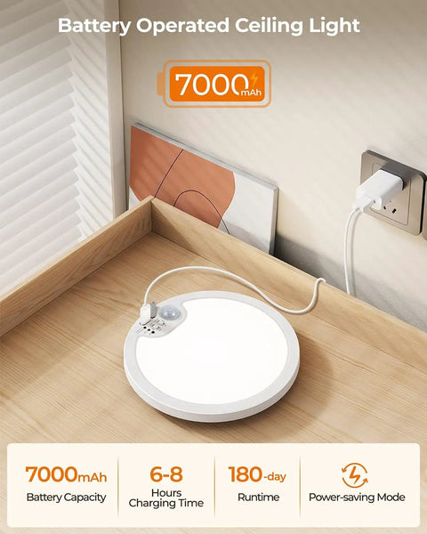 Rechargeable Motion Sensor Ceiling Light with Remote Dimmable LED Lighting for Closet, shown charging on a wooden desk.