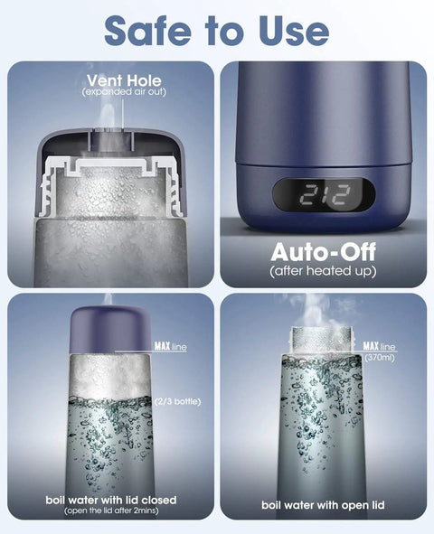 On The Go Dual Voltage Travel Kettle 110 To 240V Portable 370ml Stainless Steel Electric Kettle with LCD Display shown in four usage scenarios