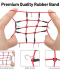 Hands stretching a red rubber luggage net, part of the Expedition Ready Off Road RC Rig Gear Kit For 1/18 TRX4M And 1/24 Axial SCX24.