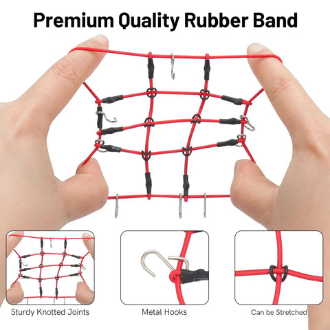 Hands stretching a red rubber luggage net, part of the Expedition Ready Off Road RC Rig Gear Kit For 1/18 TRX4M And 1/24 Axial SCX24.