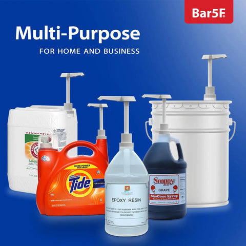 Hella Heavy Duty Gallon Pump Dispenser With 38 400 Thread Fits Most Plastic Or Glass Jugs Featuring A Big Time Easy Grip Actuator Plus Super Long Dip Tube For Two Point Five And Five Gallon Containers In A Solid No Sweat Two Pack Deal with various containers.