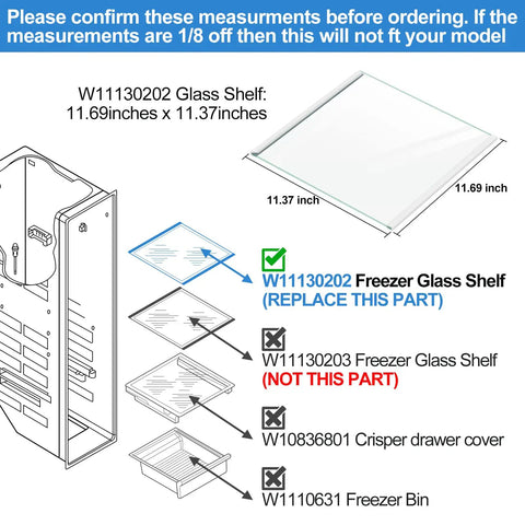 Diagram showing upgraded freezer shelf glass replacement for Whirlpool freezers, WRS571 series models, size 11.69 x 11.37 inches.