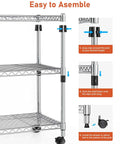 Assembly instructions for Heavy Duty Chrome Steel Rolling Storage Shelves Three Tier Mobile Wire Rack with clips and wheels.