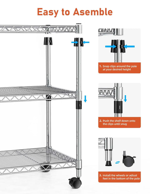Assembly instructions for Heavy Duty Chrome Steel Rolling Storage Shelves Three Tier Mobile Wire Rack with clips and wheels.