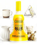 Heavy Duty No-Drip Ceramic Glue Gel for Quick Fixes on Porcelain, Ceramic Mugs, Vases, and Decor, bottle next to ceramic items