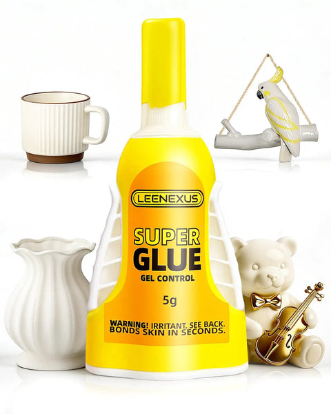 Heavy Duty No-Drip Ceramic Glue Gel for Quick Fixes on Porcelain, Ceramic Mugs, Vases, and Decor, bottle next to ceramic items