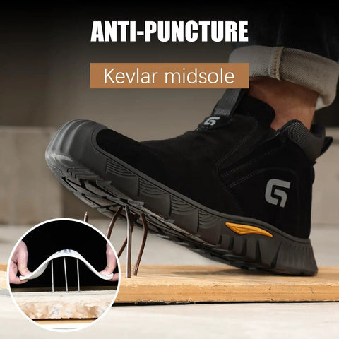 Black Mid Cut Welding Boots For Men With Steel Toe Slip On Work Shoes Built Tough For Welders Indestructible Safety Boots Protective Footwear For Construction And Industrial Jobs ASTM Certified, shown on anti-puncture Kevlar midsole.