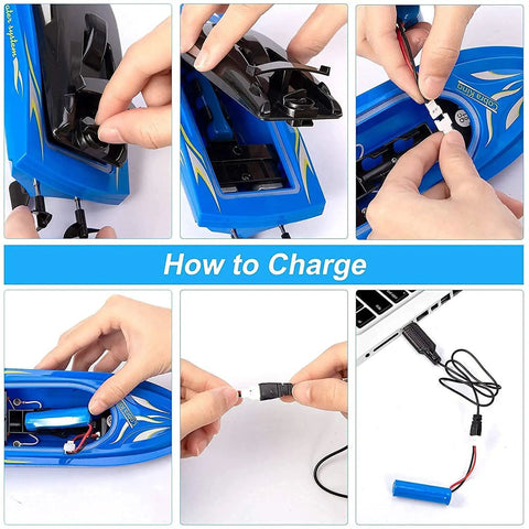 Charging 3 Pack High Speed RC Boats For Kids And Adults with USB cables, showing battery insertion and connection steps.