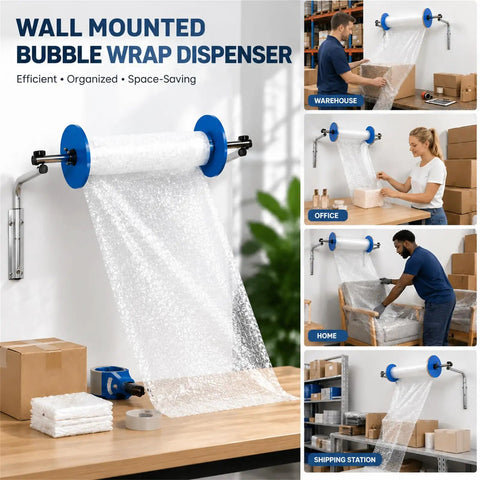 Kick Clutter To The Curb At Your Shipping Station With This Heavy Duty Wall Mount Bubble Wrap Dispenser And Steel Foam Roll Holder in use.