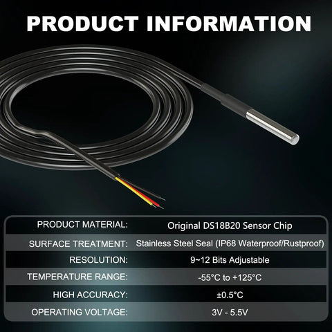 Waterproof DS18B20 Temperature Sensor Probes Kit With Stainless Steel Probes, Probe Adapter Board, 3 Pin Female To Female Jumper Wires, And 5 Pack 4.7K Ohm Resistors For Arduino And Raspberry Pi DIY Projects, stainless steel probe