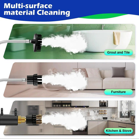2500W Beast Of A Pressurized Steam Cleaner With 230F Steam cleaning bathtub, sofa, and kitchen surfaces with 3 brush heads