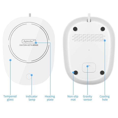 Solid Desk Cup Warmer With Gravity Sensor Auto Switch shows heating plate, tempered glass surface, and non-slip mat.