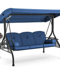 Three Seat Outdoor Porch Swing With Adjustable Canopy And Stand, Convertible Patio Glider Bed With Thick Cushions And Pillow, Upgraded Cup Holder, Heavy Duty All Metal Frame For Backyard Vibes Blue