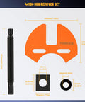 Front view of 40100 wheel hub removal tool set with orange puller plate, long bolt, clamp, and washer.