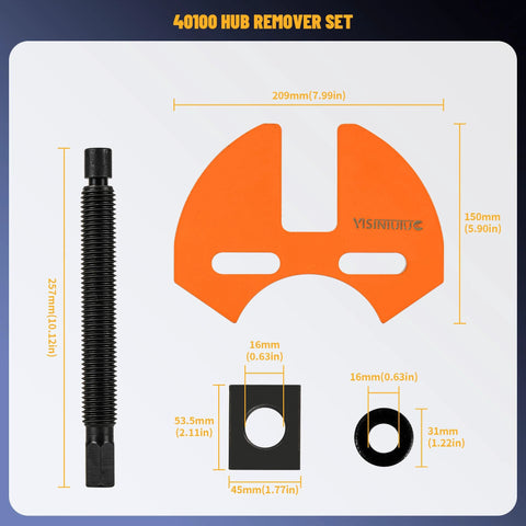 Front view of 40100 wheel hub removal tool set with orange puller plate, long bolt, clamp, and washer.