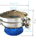 Top Shelf Electric Vibrating Sifter Screen Shaker Machine With Beefy Stainless Steel Build And Killer 20 80 100 Mesh Sieves For Smooth Powder And Liquid Processing At 208 Volt Power Specs with measurements.