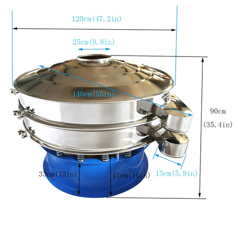 Top Shelf Electric Vibrating Sifter Screen Shaker Machine With Beefy Stainless Steel Build And Killer 20 80 100 Mesh Sieves For Smooth Powder And Liquid Processing At 208 Volt Power Specs with measurements.