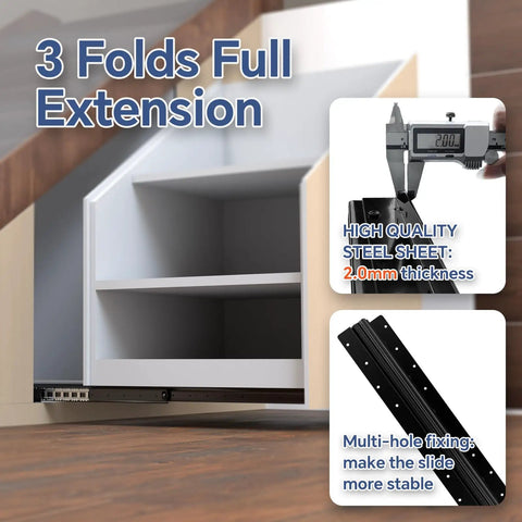 Undermount Heavy Duty Drawer Slides 16 Inch 260 Lb Load Capacity Bottom Mount Full Extension Ball Bearing Hidden Rails shown in cabinet