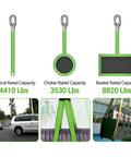 KOERZORE 2-pack 2.2x4 ft green nylon lifting straps with metal rings; shown vertical strap, round sling, and rectangular load panel.