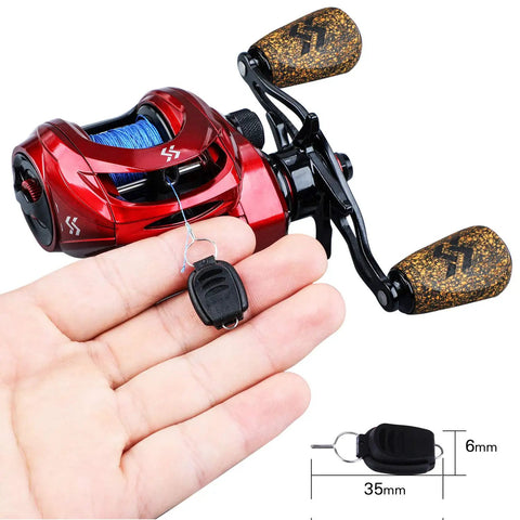 Close-up of Beast Mode Baitcasting Reel With 8.1 To 1 Gear Ratio, Magnetic Braking, 9 Plus 1 Ball Bearings, right hand red casting reel