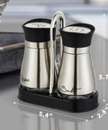 Stainless steel and glass salt and pepper shakers in holder - Go-To Salt And Pepper Shaker Set With Stainless Steel Caps And Glass Bottles