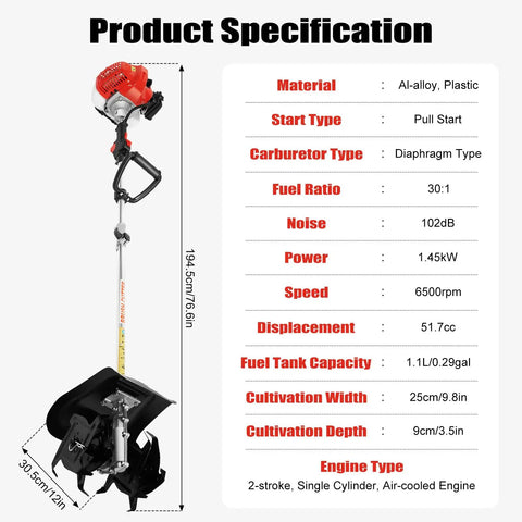 Product specification sheet for Gas Powered Garden Tiller With 43cc Two Stroke Engine, including details and measurements.