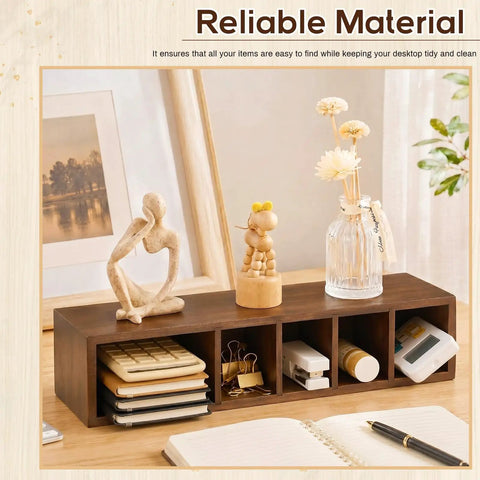 Wooden Desk Organizer With Six Compartments In Walnut Finish, Pen Pencil Holder And Makeup Brush Tray For Office Desk Countertop