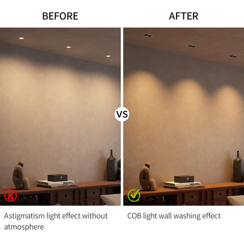 Comparison of light effects with Dimmable 2-Head LED Recessed Spotlight Kit With Cree COB, 14W Total, highlighting COB wash.