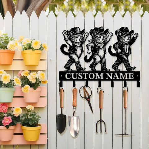 Personalized Western Cowboy Key Holder With Custom Name Engraving Metal Iron Wall Hook displaying cowboy cats