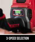 Grit And Grind 12V Brushless Drill Driver And Impact Driver Combo Kit showing 3-speed selection and battery indicator.