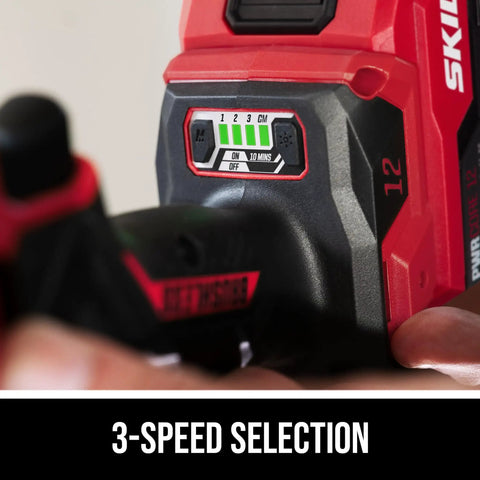 Grit And Grind 12V Brushless Drill Driver And Impact Driver Combo Kit showing 3-speed selection and battery indicator.