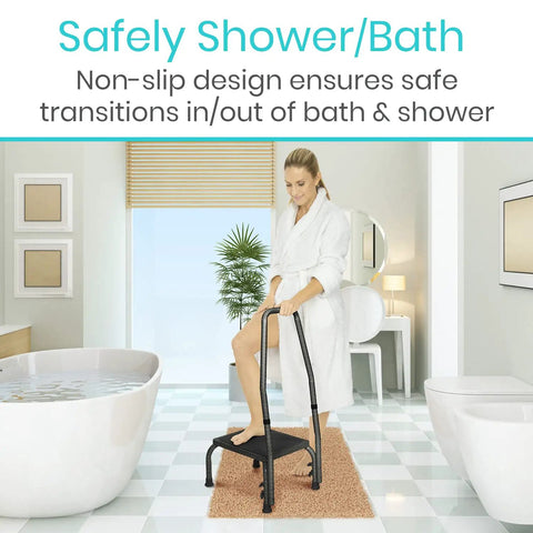 Woman using Step Up Stool With Handy Grip For Seniors And Adults Heavy Duty Bariatric Metal Bedside Bath Stool Up To 300 Pounds Non Slip Platform With Wide Angled Legs For Stable Easy Access in bathroom