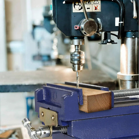Rock Solid Cross Slide Drill Press Vise Featuring Six Inch Jaw Opening And Smooth Xy Slides For Hassle Free Benchtop Milling Woodworking And Garage Project Builds with wood piece.
