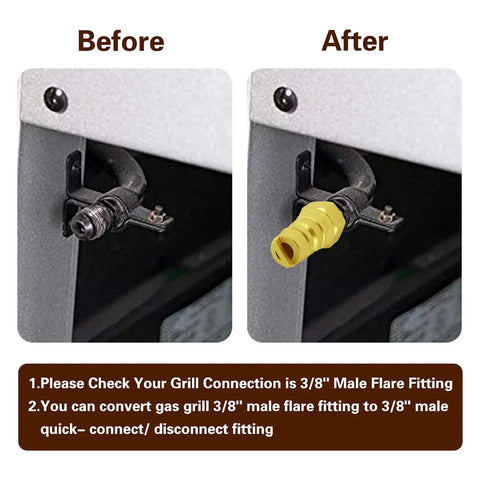Three Eighths Inch Natural Gas Quick Connect Fittings Kit shown in before and after installation on metal panel